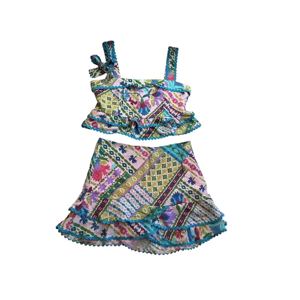 HerringStones Floral Patchwork 2 Piece Set Pink Blue Rickrack Ruffle‎ Skirt L